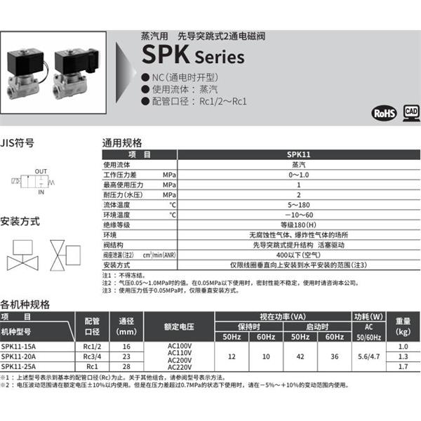 CKD喜開理蒸汽用先導突跳式2通電磁閥SPK11-15G-C4A-AC100V