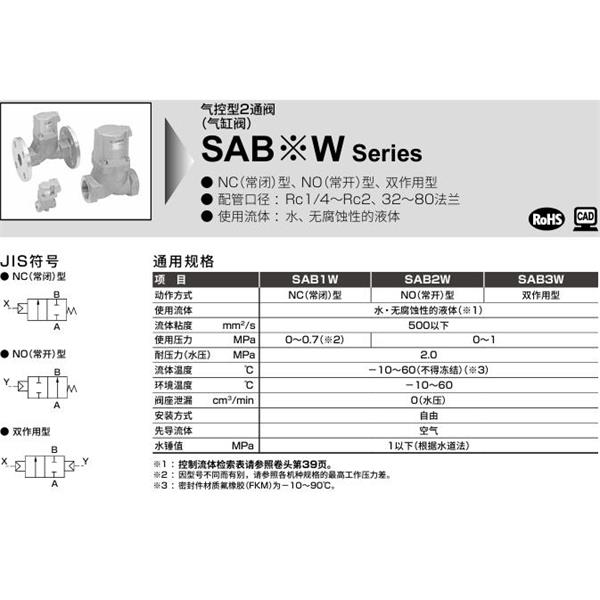 CKD喜開理氣控型2通閥（氣缸閥）SAB3W-15A-0B