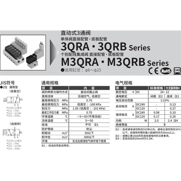 CKD喜開理直動式3通電磁閥3QRB110-M5-D20-4
