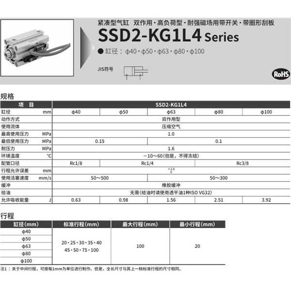 CKD喜開理緊湊型氣缸SSD2-KG1L4-40-40-V0-D-N-LB-I