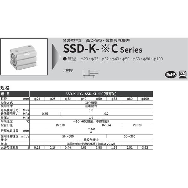 CKD喜開理超級緊湊型氣缸SSD-KL-50C-10-T0H-R-N-LB-I