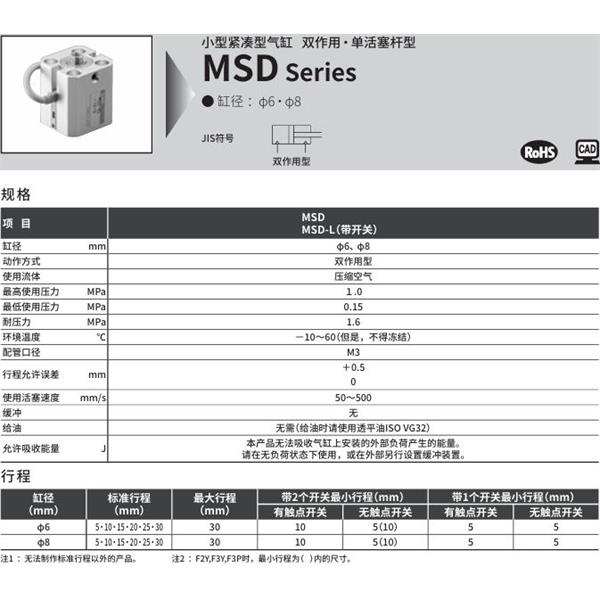 CKD喜開理小型帶線性導軌緊湊型氣缸MSD-L-8-25-F0H-R-R