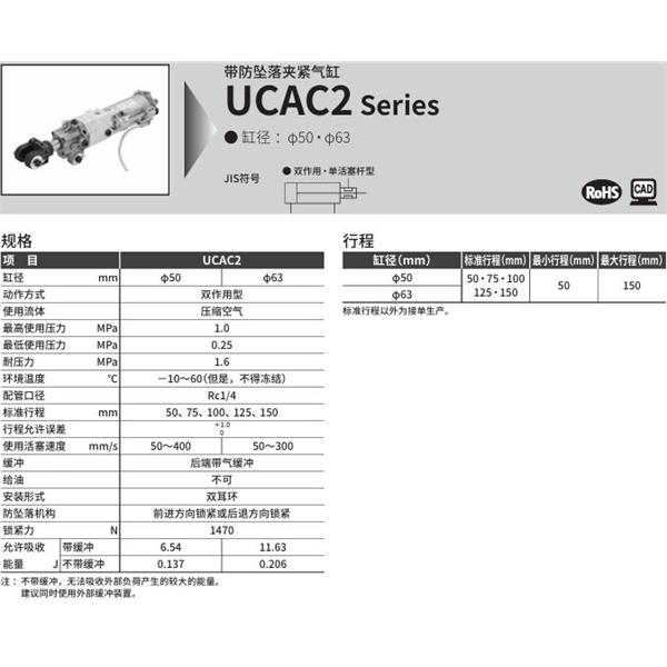 CKD喜開理帶防墜落夾緊氣缸UCAC2-AL-63NB-75N-B-Y1